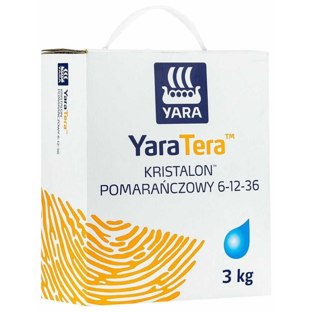 Opakowanie nawozu Kristalon Pomarańczowy 6-12-36 Yara 3 kg, widok z boku, na białym tle