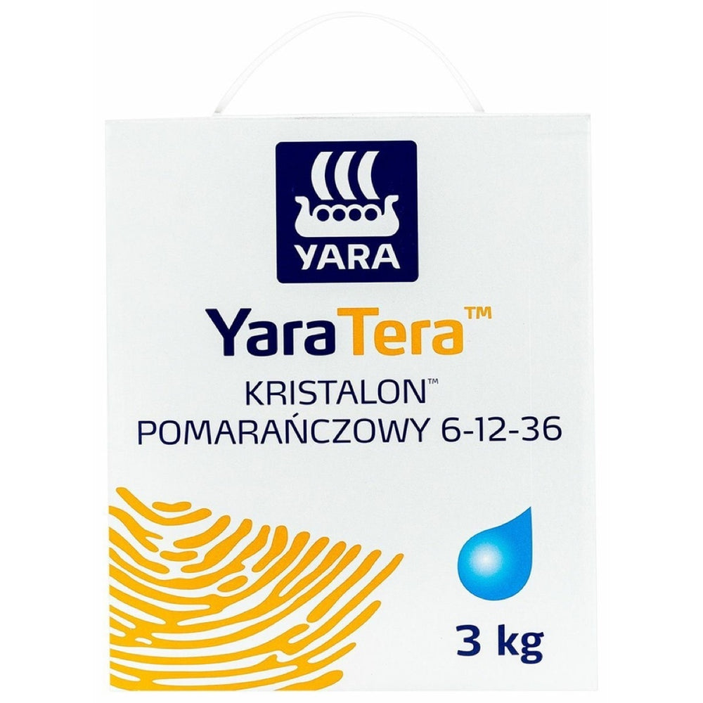 Opakowanie nawozu Kristalon Pomarańczowy 6-12-36 Yara 3 kg, widok z przodu, na białym tle
