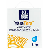 Opakowanie nawozu Kristalon Pomarańczowy 6-12-36 Yara 3 kg, widok z przodu, na białym tle