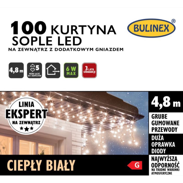 Opakowanie kurtyny LED Bulinex sople 100 diod, 4,8 m, ciepły biały, na zewnątrz z dodatkowym gniazdem