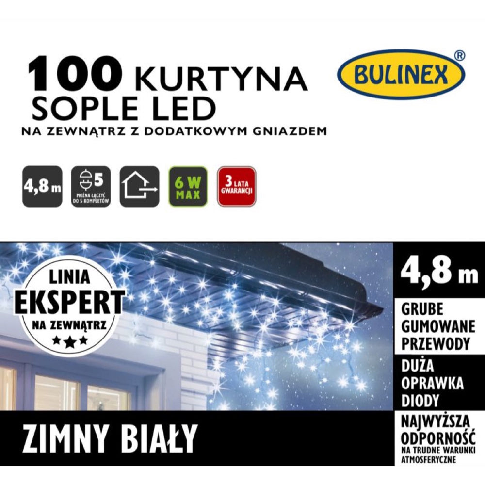 Opakowanie kurtyny LED Bulinex sople 100 diod, 4,8 m, zimny biały, na zewnątrz z dodatkowym gniazdem