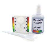 Zestaw kwasomierza glebowego pH TEST Florada: płytka pomiarowa, butelka z płynem Heliga i łyżeczka na białym tle