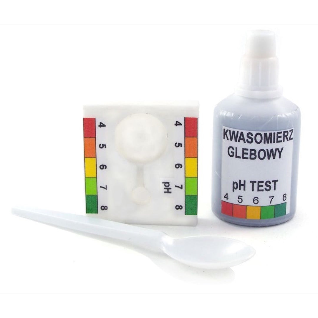 Zestaw kwasomierza glebowego pH TEST Florada: płytka pomiarowa, butelka z płynem Heliga i łyżeczka na białym tle