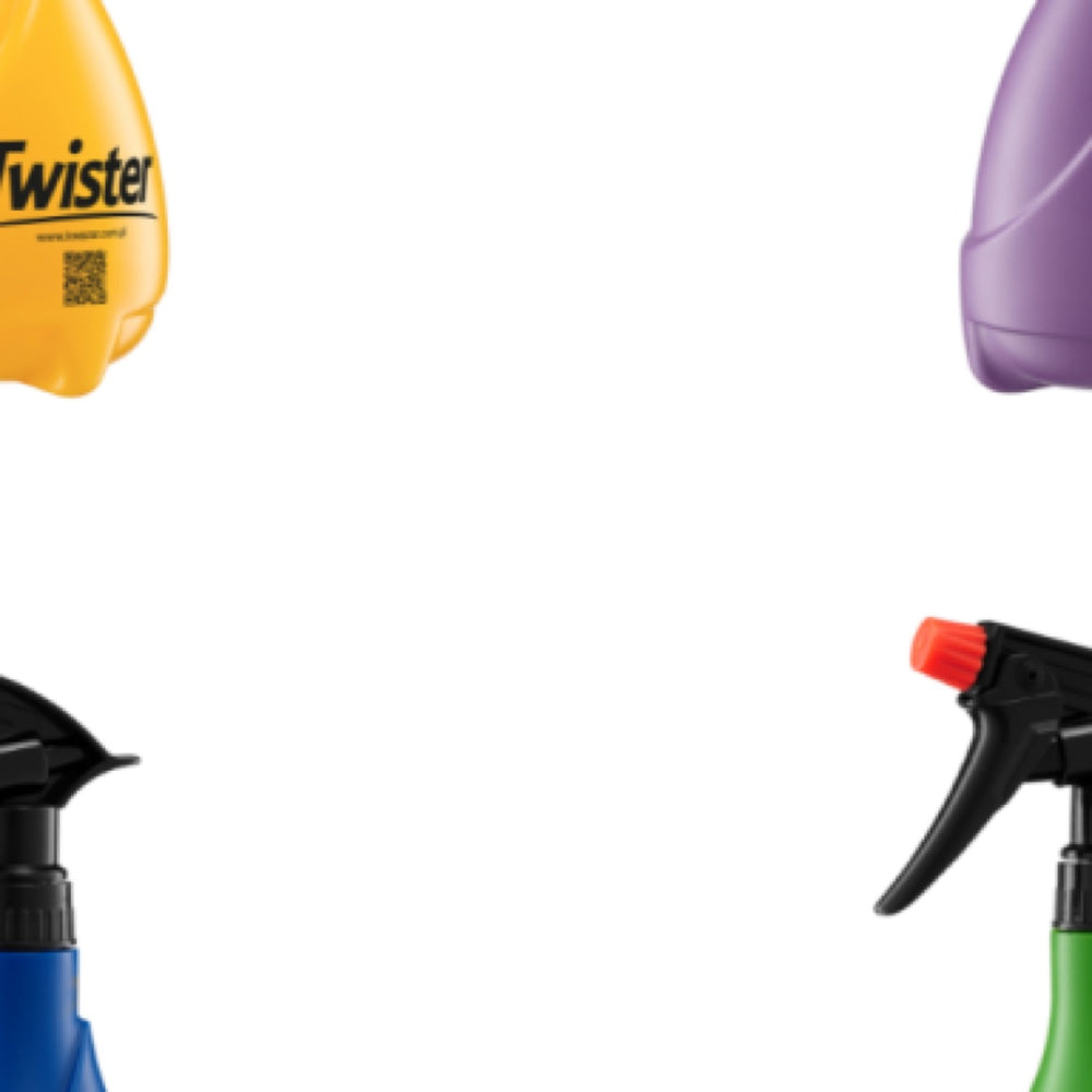 Żółty opryskiwacz ręczny Kwazar Twister 0,5 l z czarnym spryskiwaczem i pomarańczową dyszą