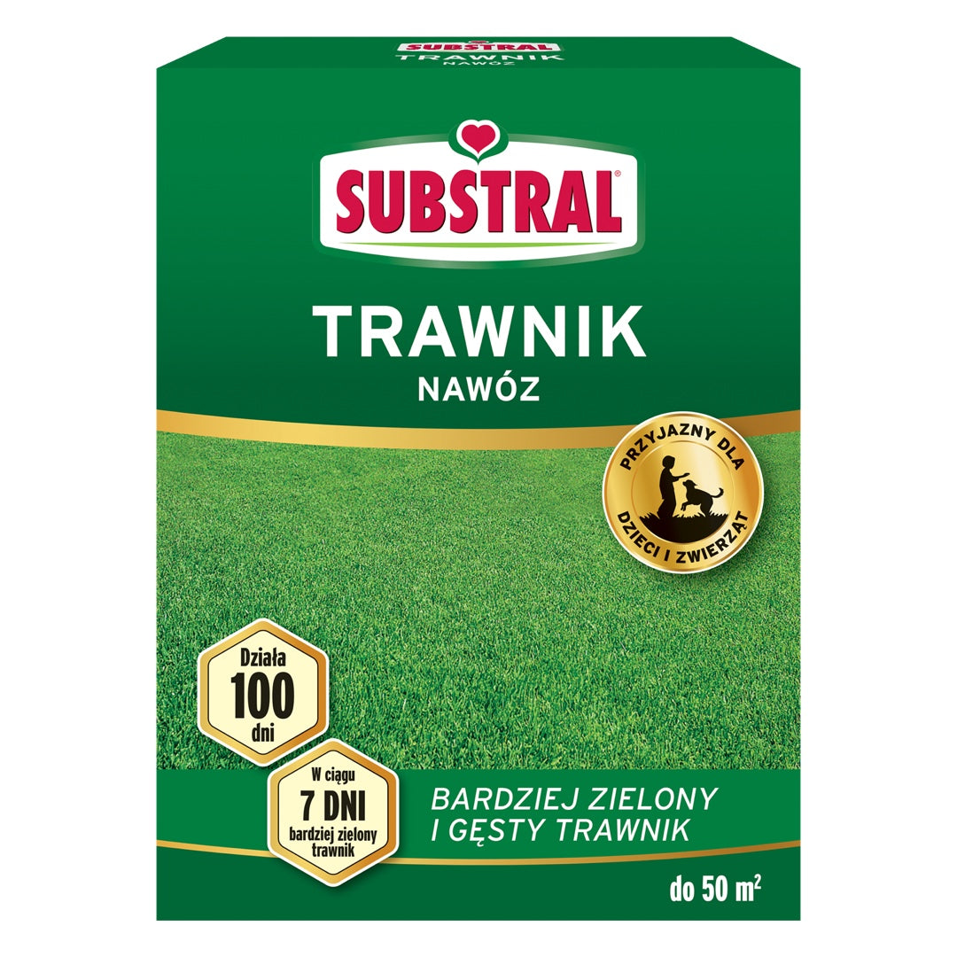 Pudełko 1 kg nawozu Substral do trawnika 100 dni na białym tle