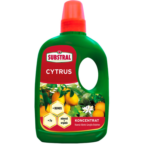 Butelka 250 ml nawozu Substral z humusem do cytrusów na białym tle