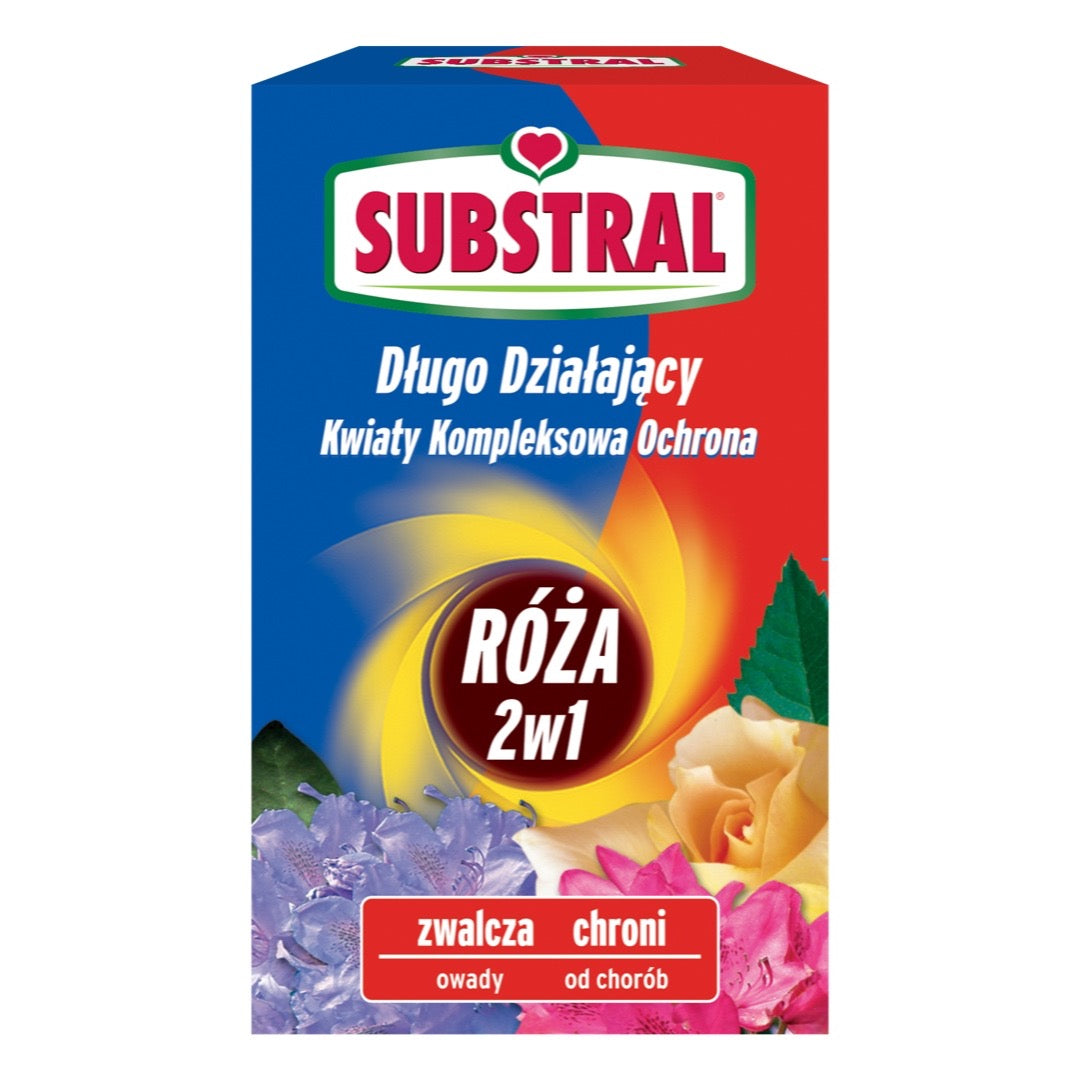 Pudełko 100 ml środka Substral Kwiaty Kompleksowa Ochrona 2w1 Róża na białym tle