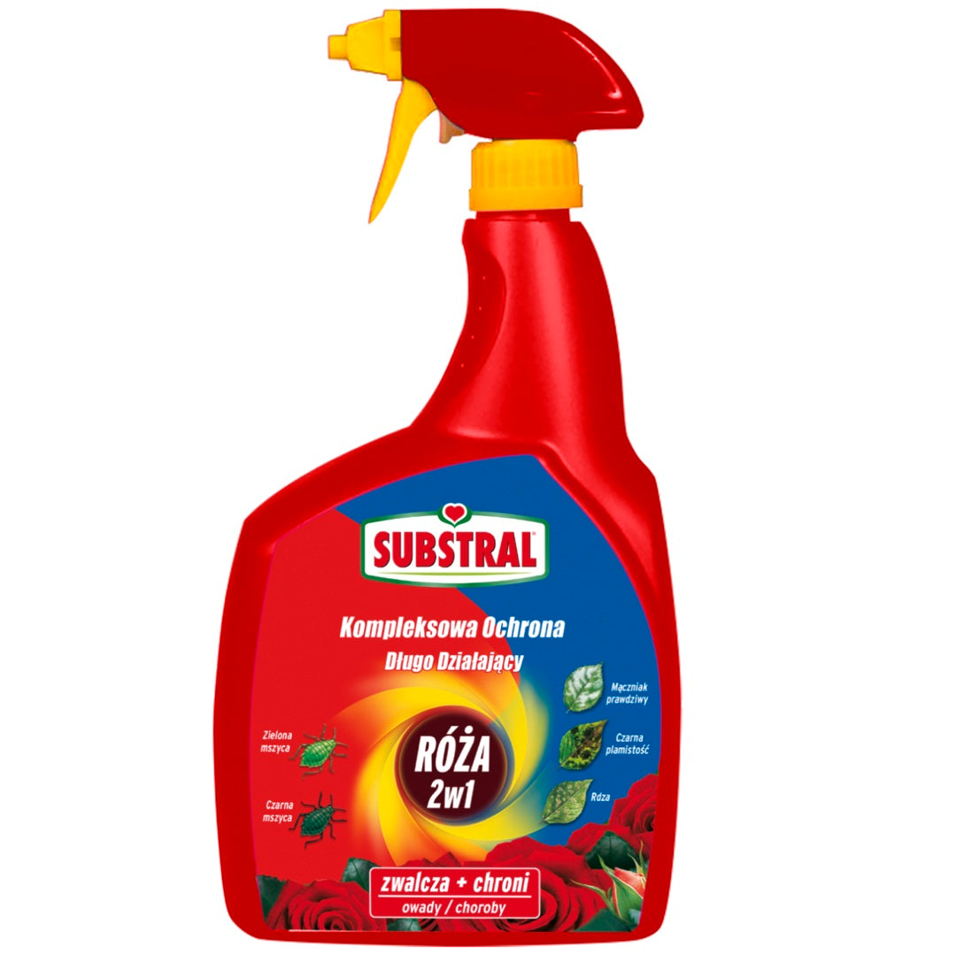 Butelka 800 ml ze spryskiwaczem Substral Kwiaty Kompleksowa Ochrona 2w1 Róża na białym tle