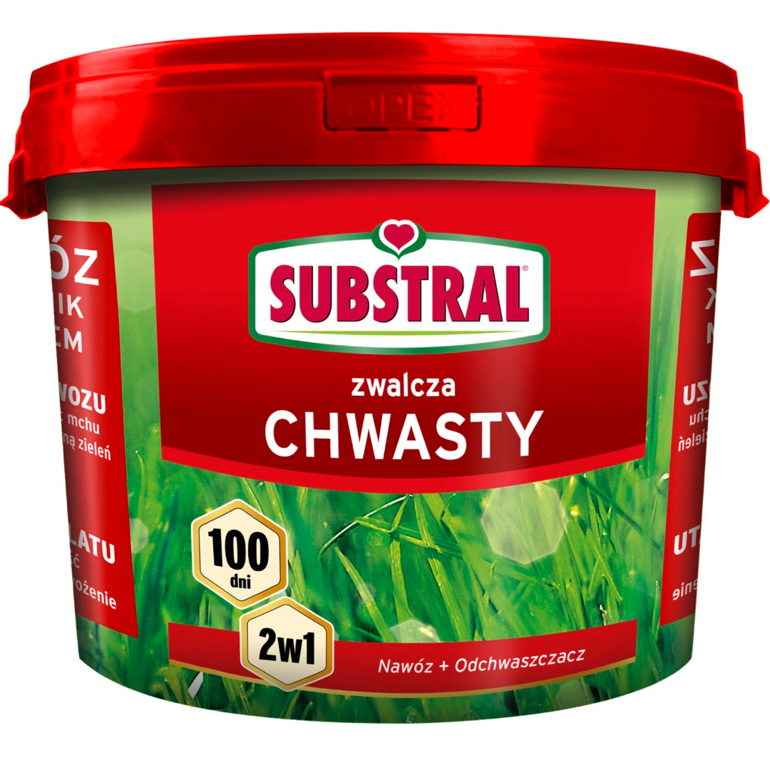 Wiaderko nawozu z odchwaszczaczem Substral Nawóz + Odchwaszczacz 2w1 do trawnika na białym tle
