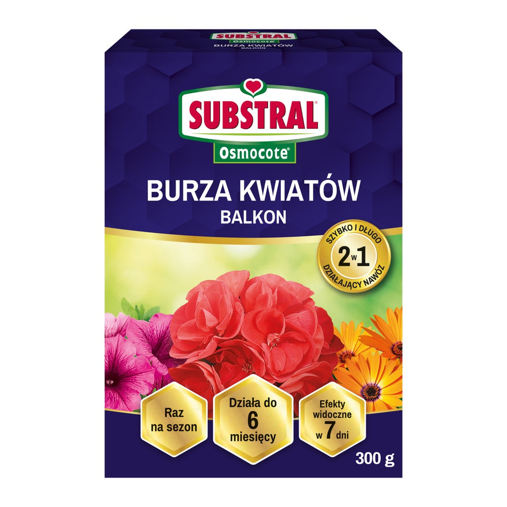 Pudełko 300 g nawozu Substral Osmocote 2w1 Burza Kwiatów na białym tle