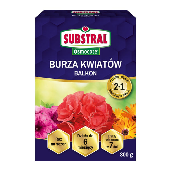 Pudełko 300 g nawozu Substral Osmocote 2w1 Burza Kwiatów na białym tle