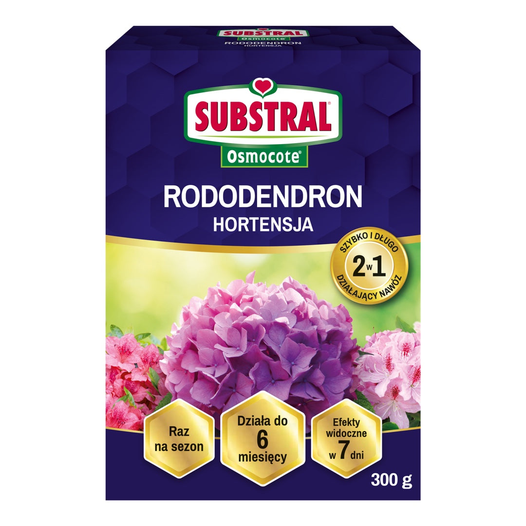 Pudełko 300 g nawozu Substral Osmocote 2w1 do rododendronów i hortensji na białym tle