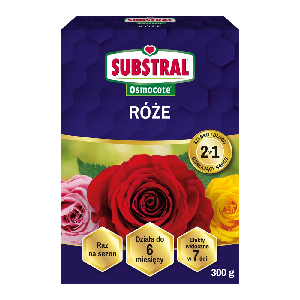 Pudełko 300 g nawozu Substral Osmocote 2w1 do róż na białym tle