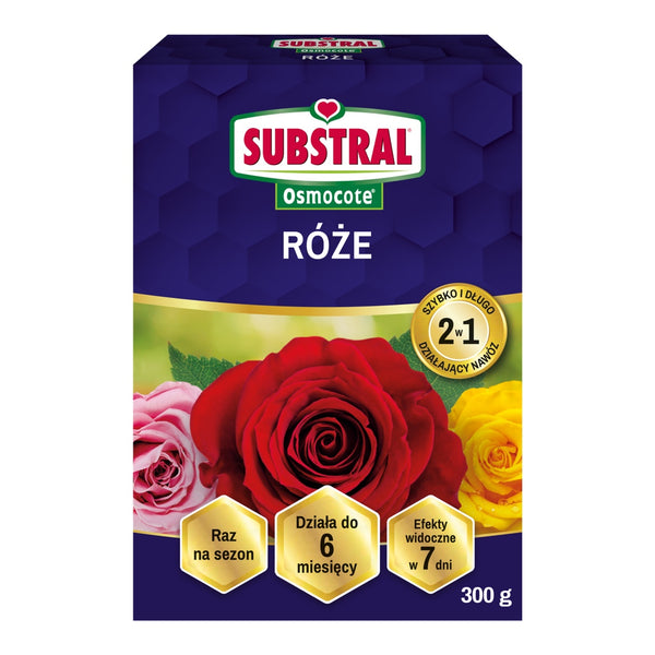 Pudełko 300 g nawozu Substral Osmocote 2w1 do róż na białym tle