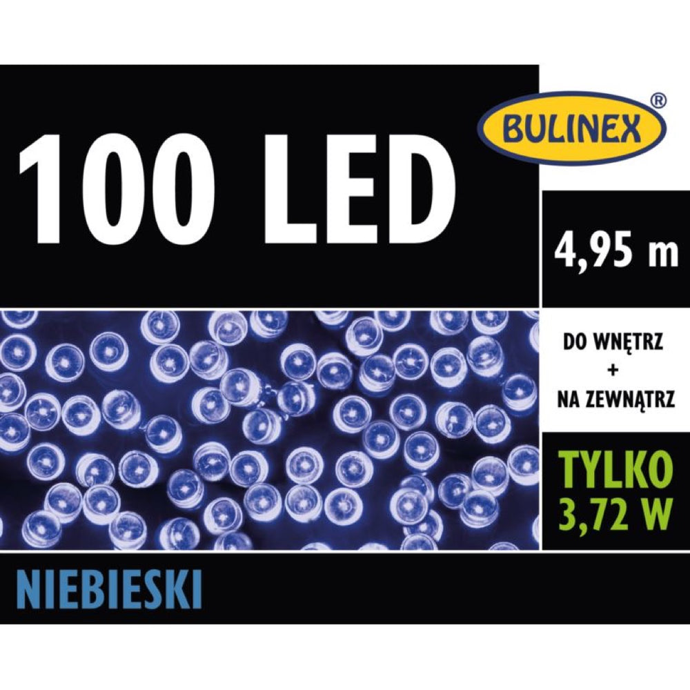 Opakowanie lampek LED Bulinex 100 diod, 4,95 m, niebieskie, do wnętrz i na zewnątrz