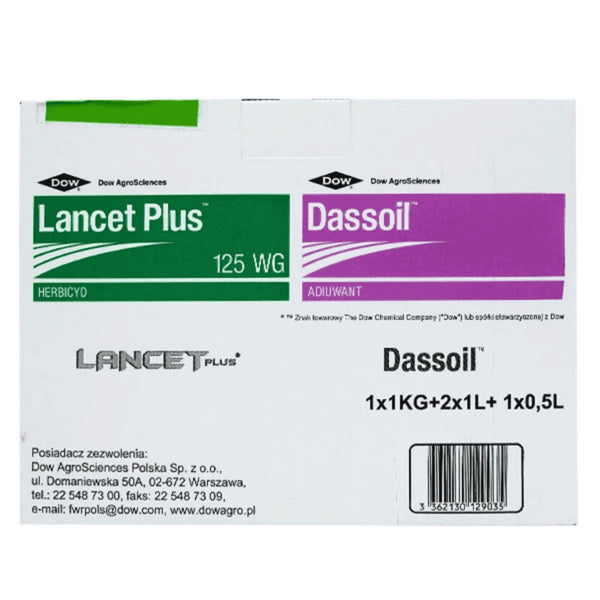 Zbiorcze opakowanie zestawu Lancet Plus 125 WG z adiuwantem Dassoil firmy Corteva (Dow AgroSciences)