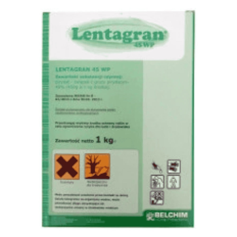 Opakowanie 1 kg herbicydu Lentagran 45 WP firmy Belchim w zielonym kartonie