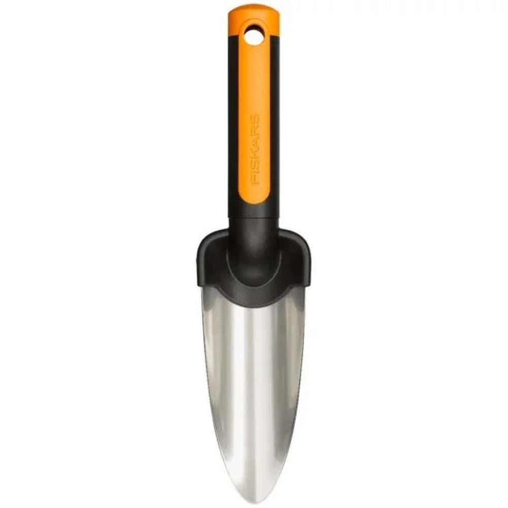 Wąska łopatka ogrodowa Fiskars Premium z pomarańczowo-czarną rączką i stalowym ostrzem