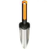 Wąska łopatka ogrodowa Fiskars Premium z pomarańczowo-czarną rączką i stalowym ostrzem