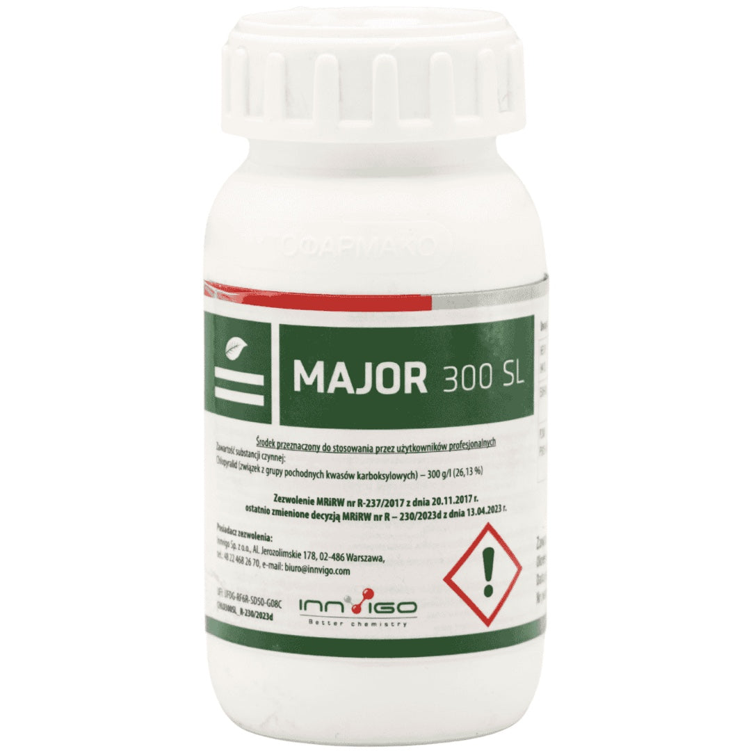 Butelka 250 ml herbicydu Major 300 SL firmy Innvigo z zieloną etykietą