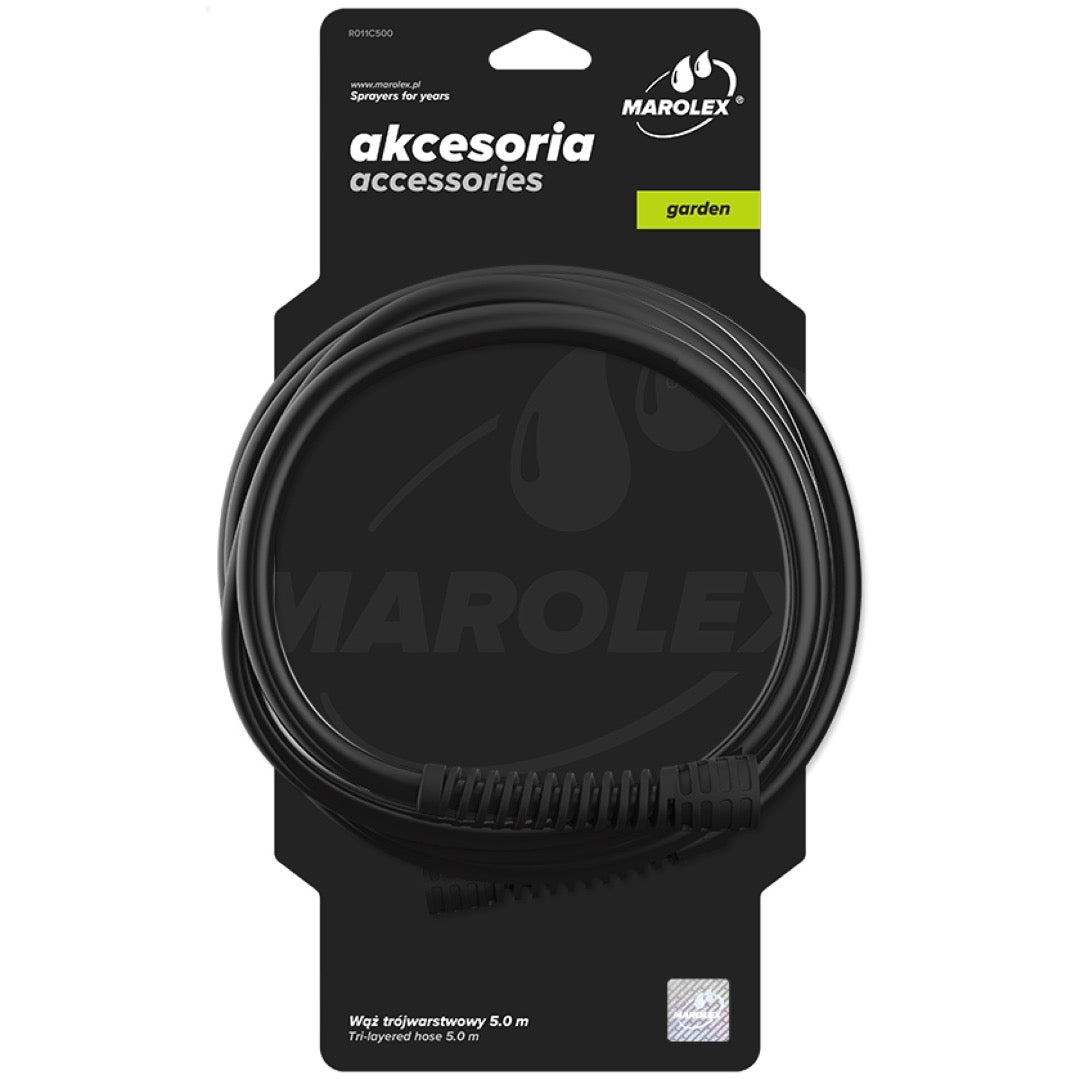 Czarny wąż Marolex 250 cm z nakrętkami w opakowaniu producenta serii akcesoria garden