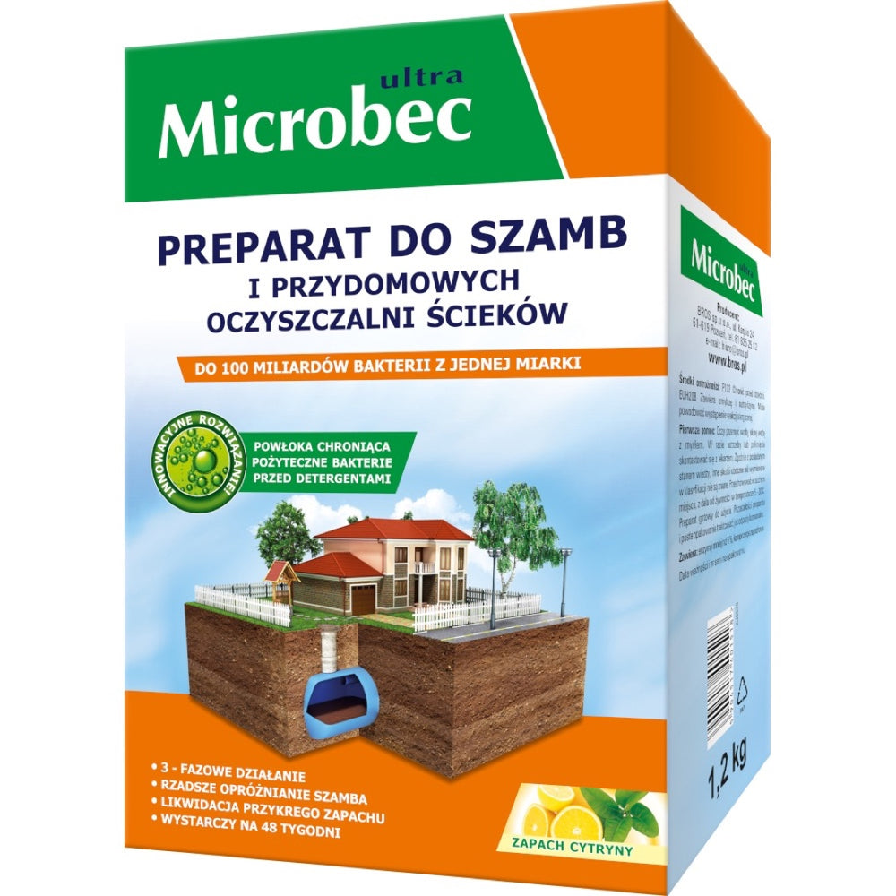 Opakowanie preparatu Microbec Ultra Bros do szamb o zapachu cytryny (zdjęcie opakowania 1,2 kg)