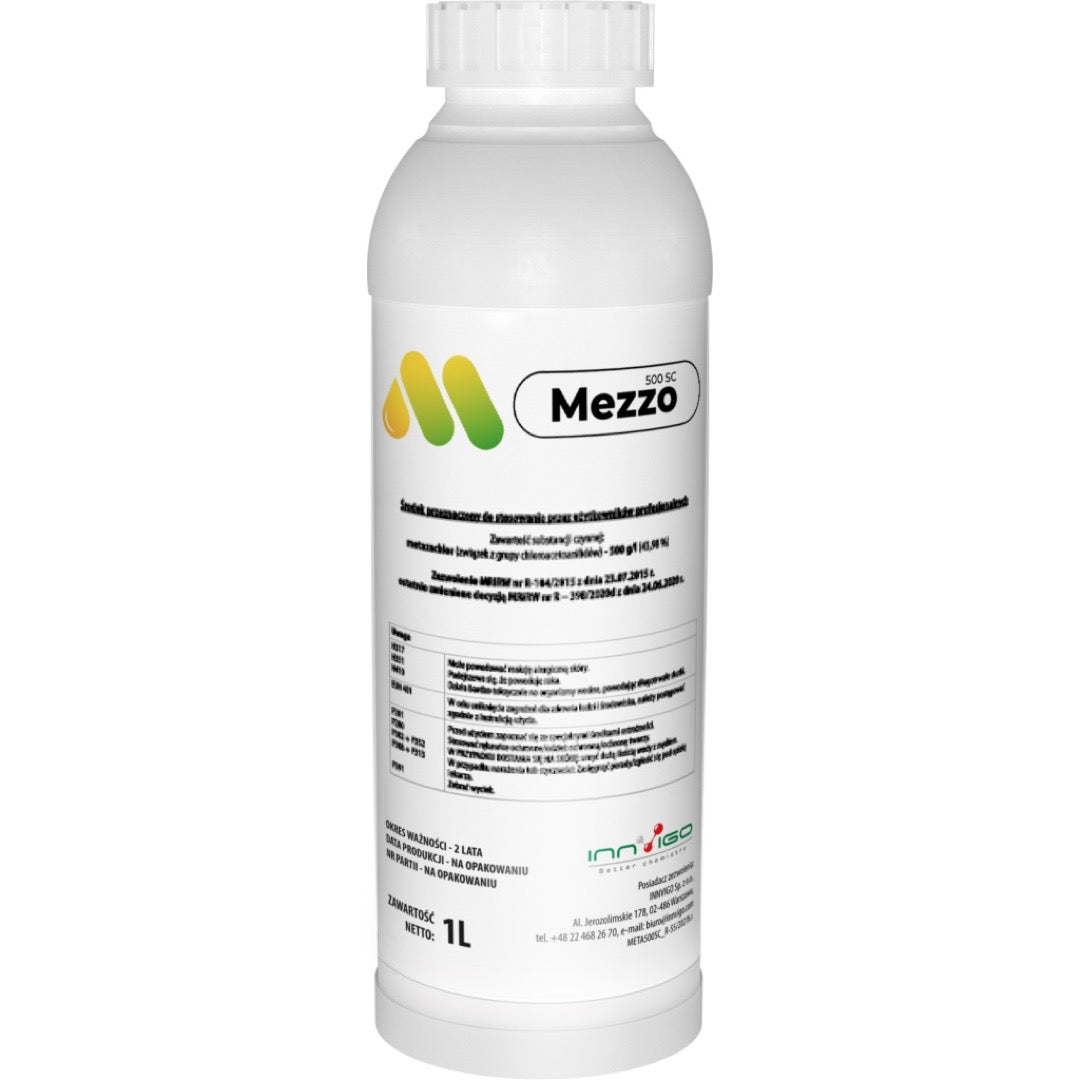 Butelka 1 l herbicydu Mezzo 500 SC firmy Innvigo z metazachlorem do rzepaku ozimego