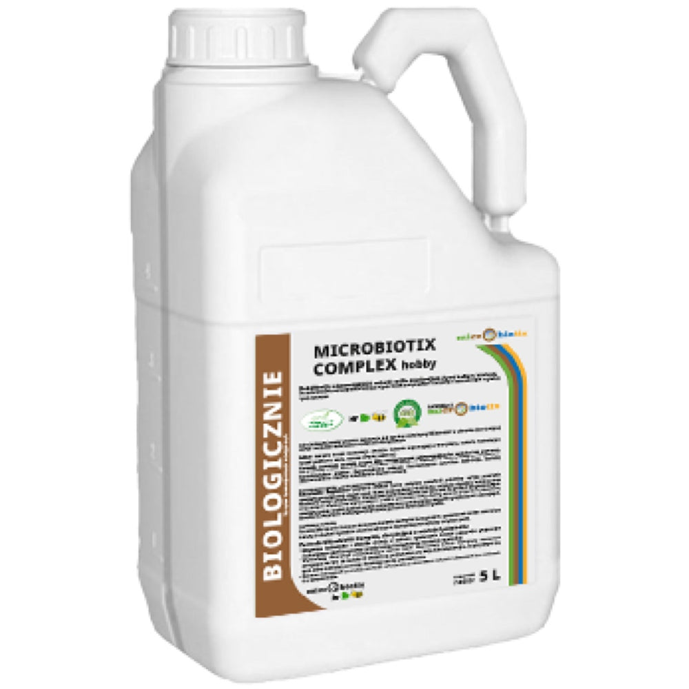 Kanister 5 l preparatu bakteryjnego Microbiotix Complex hobby z brązowym paskiem Biologicznie