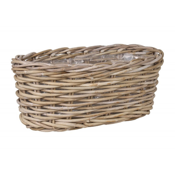 Owalny kosz z szarobeżowego rattanu kubu z folią Tin Tours MP-0195 rozmiar L na białym tle