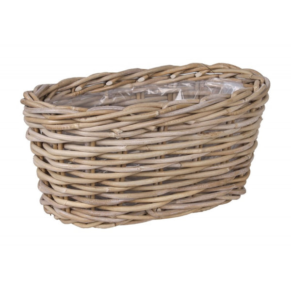Owalny kosz z szarobeżowego rattanu kubu z folią Tin Tours MP-0195 rozmiar M na białym tle