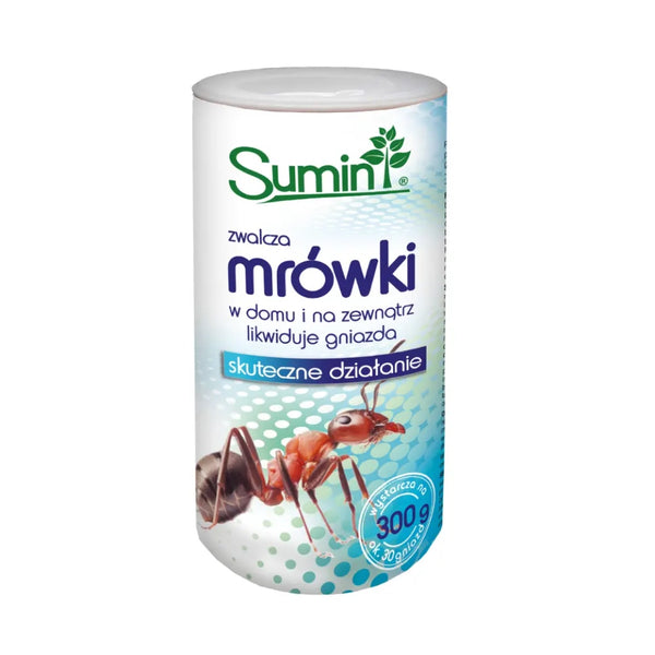 Pojemnik 300 g granulatu Sumin na mrówki z napisem mrówki zwalcza gniazda