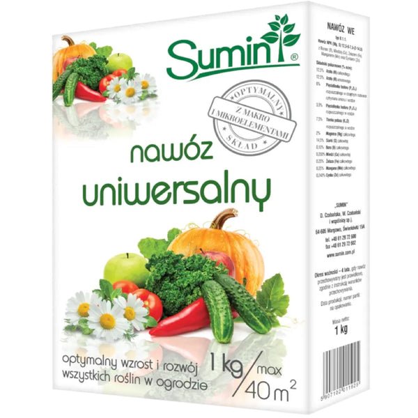 Pudełko 1 kg nawozu uniwersalnego Sumin z warzywami i kwiatami na etykiecie