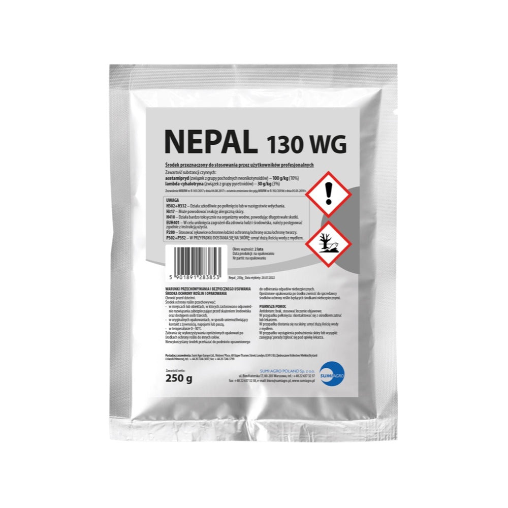 Saszetka 250 g insektycydu Nepal 130 WG firmy Sumi Agro Poland z etykietą i piktogramami