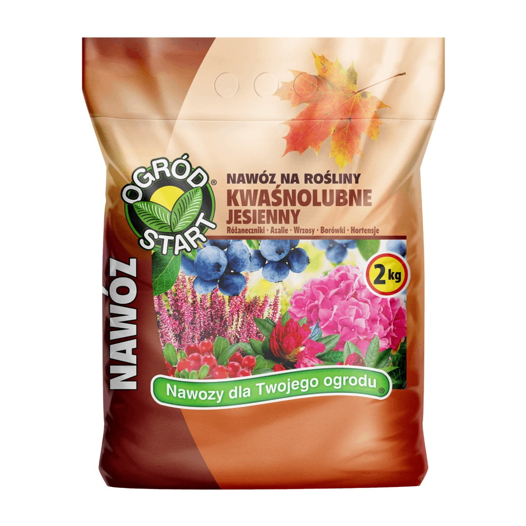 Ogród Start jesienny nawóz do roślin kwaśnolubnych 2 kg, worek na białym tle