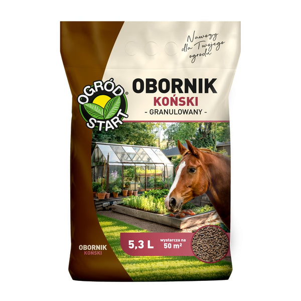 Worek Ogród Start obornik koński granulowany 4 kg (5,3 l) z koniem na etykiecie, na białym tle