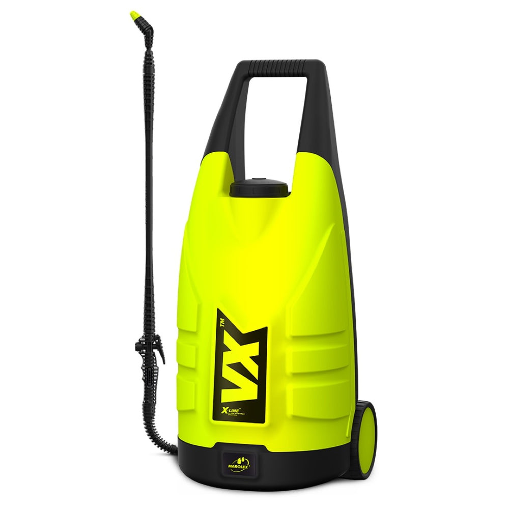 Akumulatorowy opryskiwacz wózkowy Marolex VX X-Line w kolorze limonkowym i czarnym na kołach, z lancą i wężem