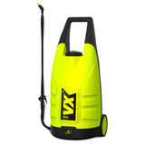 Akumulatorowy opryskiwacz wózkowy Marolex VX X-Line w kolorze limonkowym i czarnym na kołach, z lancą i wężem