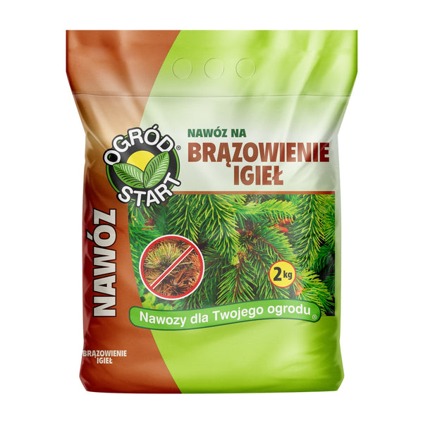 Worek nawozu Ogród Start na brązowienie igieł o masie 2 kg, grafika z zielonymi igłami