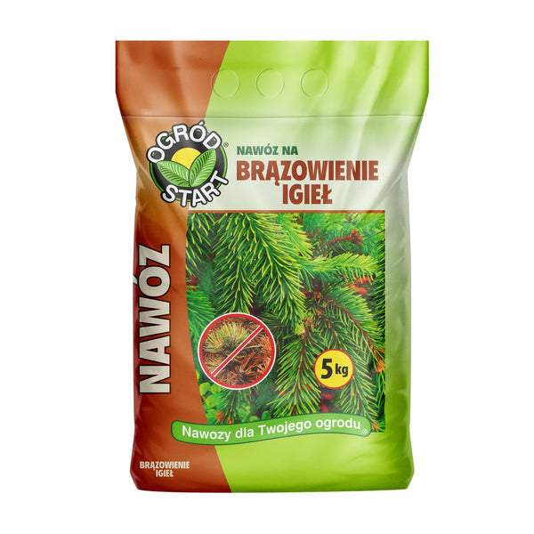 Worek nawozu Ogród Start na brązowienie igieł o masie 5 kg, grafika z zielonymi igłami