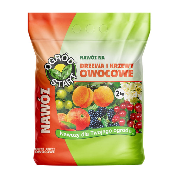 Worek nawozu Ogród Start na drzewa i krzewy owocowe o masie 2 kg, grafika z owocami