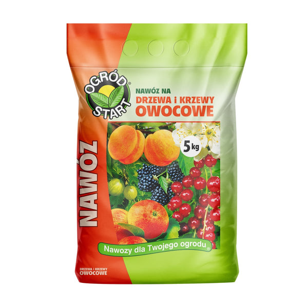 Worek nawozu Ogród Start na drzewa i krzewy owocowe o masie 5 kg, grafika z owocami