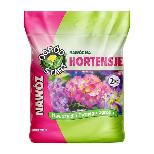 Worek nawozu Ogród Start do hortensji o masie 2 kg, różowa grafika z kwiatami hortensji
