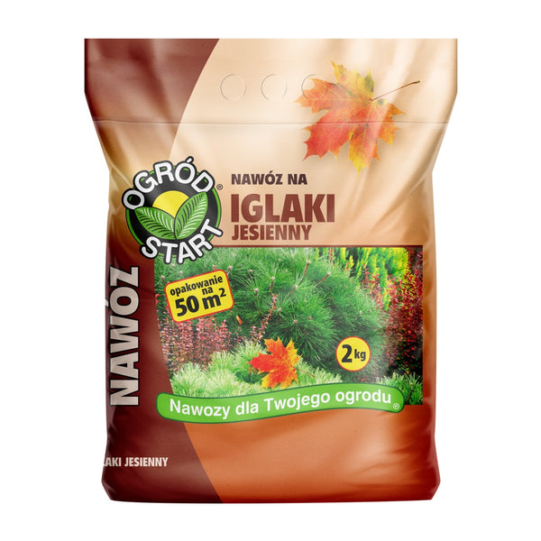 Ogród Start jesienny nawóz do iglaków, worek 2 kg na białym tle