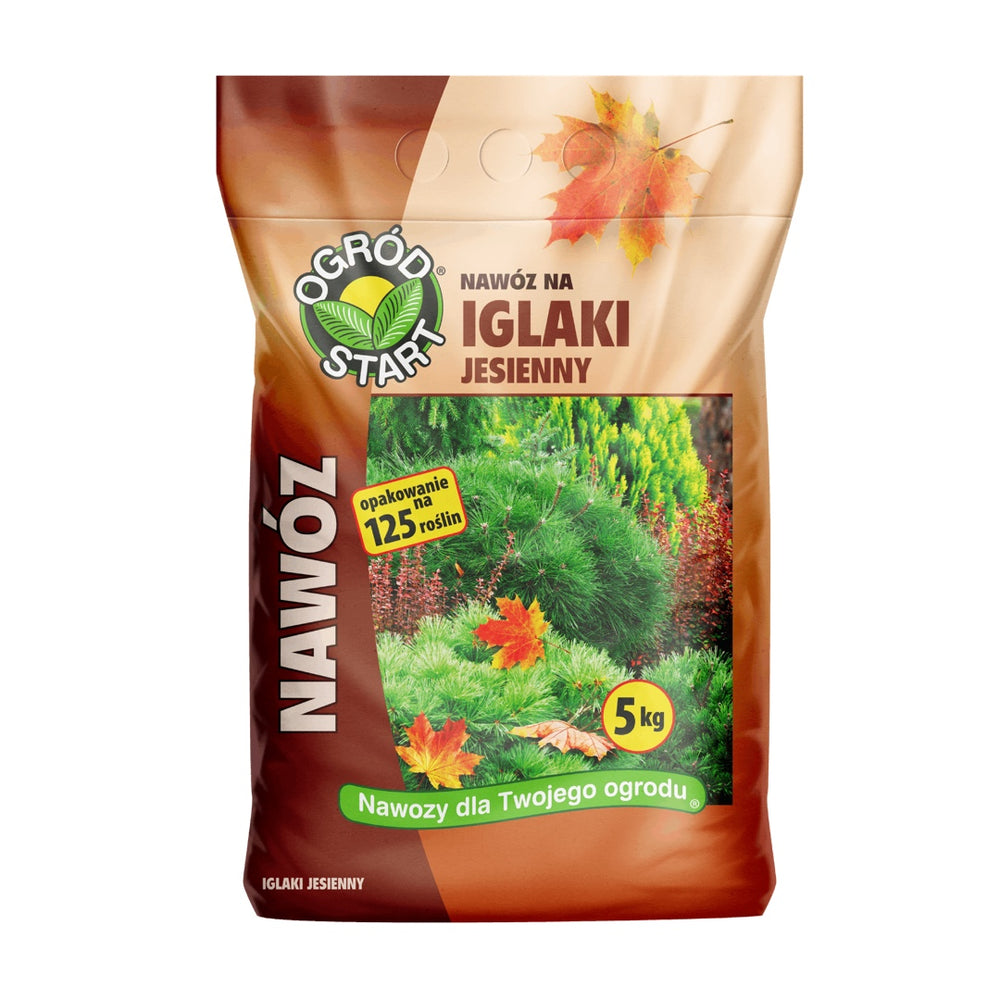 Ogród Start jesienny nawóz do iglaków, worek 5 kg na białym tle