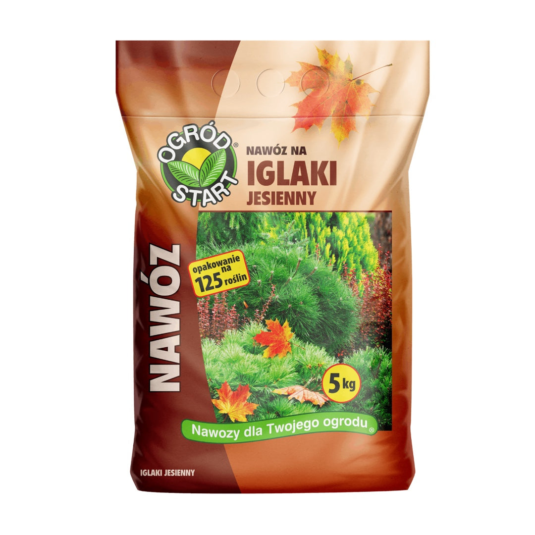 Ogród Start jesienny nawóz do iglaków, worek 5 kg na białym tle
