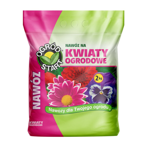 Worek nawozu Ogród Start do kwiatów ogrodowych o masie 2 kg, grafika z różowymi kwiatami i bratkami