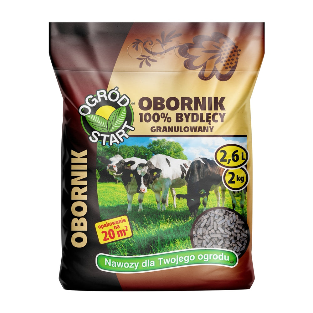 Worek 2 kg granulowanego obornika bydlęcego Ogród Start z krowami na łące na etykiecie