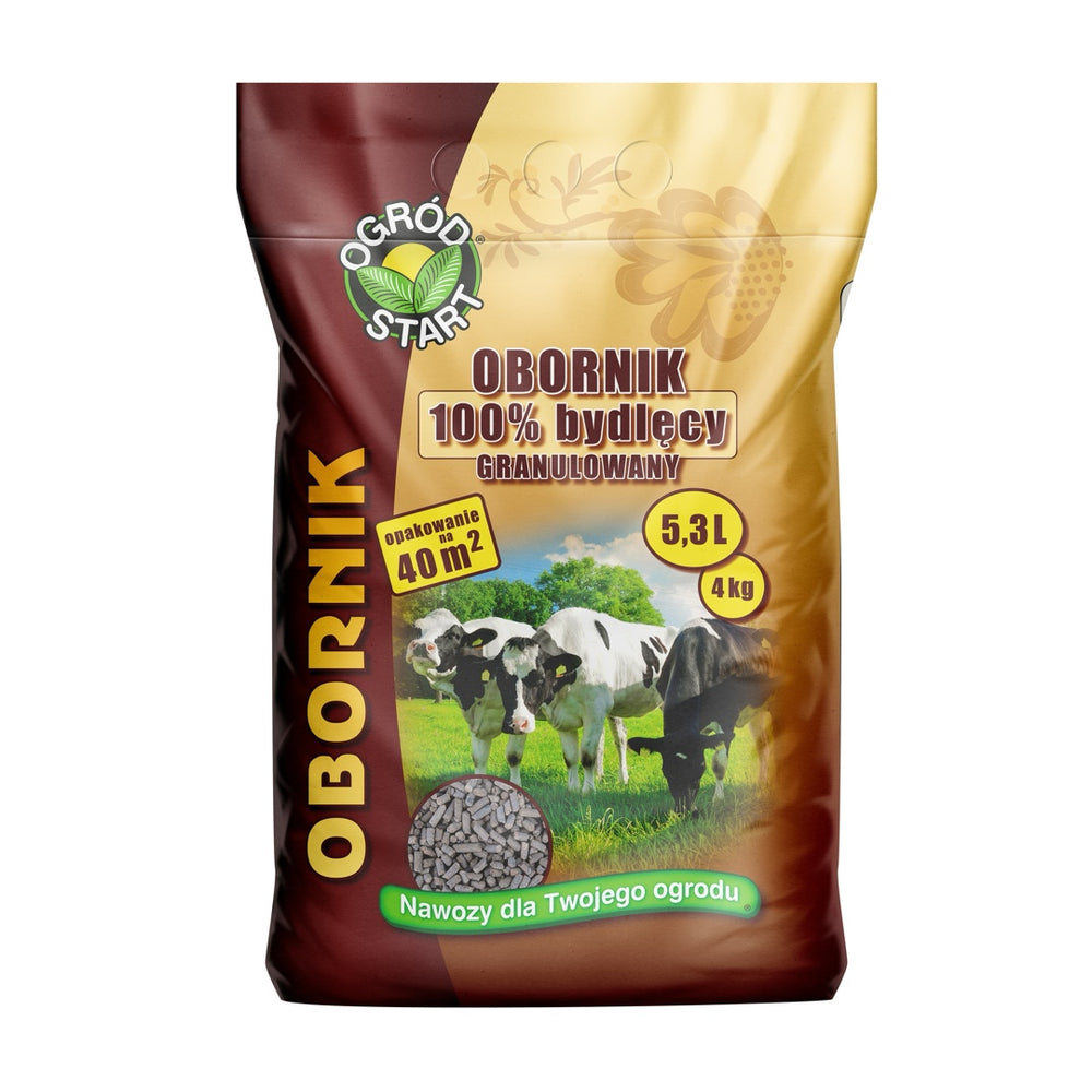 Worek 4 kg granulowanego obornika bydlęcego Ogród Start z krowami na łące na etykiecie