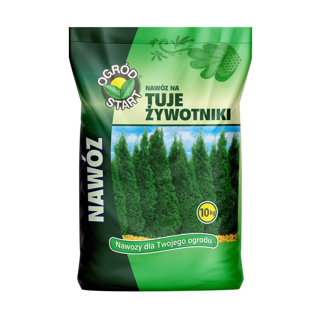 Worek nawozu Ogród Start do tui i żywotników o masie 10 kg, grafika z zielonymi tujami
