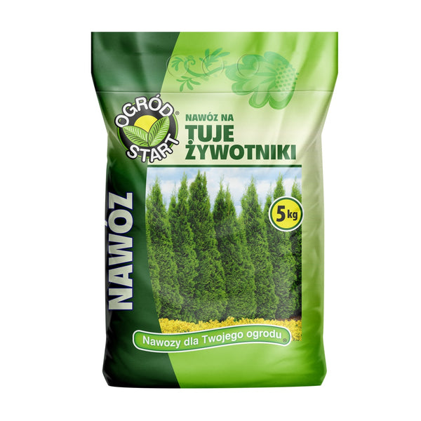 Worek nawozu Ogród Start do tui i żywotników o masie 5 kg, grafika z zielonymi tujami